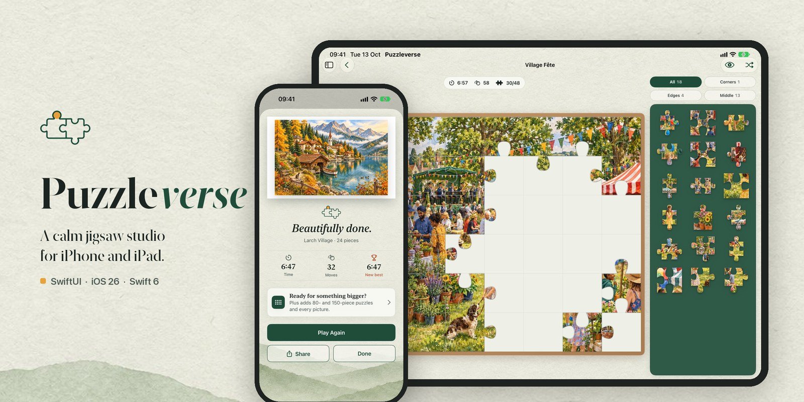 Puzzleverse on iPhone and iPad: a finished watercolour puzzle and a puzzle in progress with a side tray of pieces